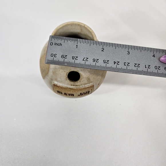 Small Vintage Ceramic m&m JAR Beige Tan Ash Glazed Pottery Vessel Vase W/ Hole - Picture 17 of 17